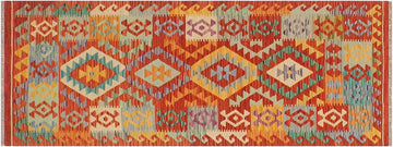 Flat Weave Kilim, Antique, Navaho, Vintage, Handmade, Geometric Kilim Rust Blue Hand-Woven Runner 100% Wool Area Rug 3 x 6